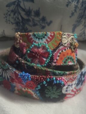 Embroidered Multicolor Hand By Artist Beaded Fabric Belt - Women Accessories